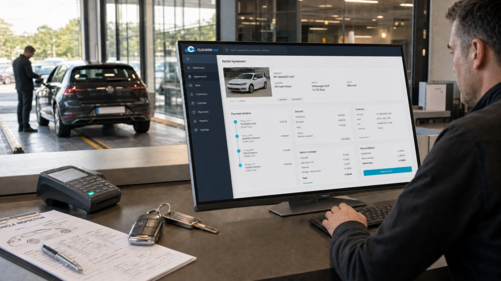 Operatore di autonoleggio che controlla cauzione e pagamenti su dashboard e POS