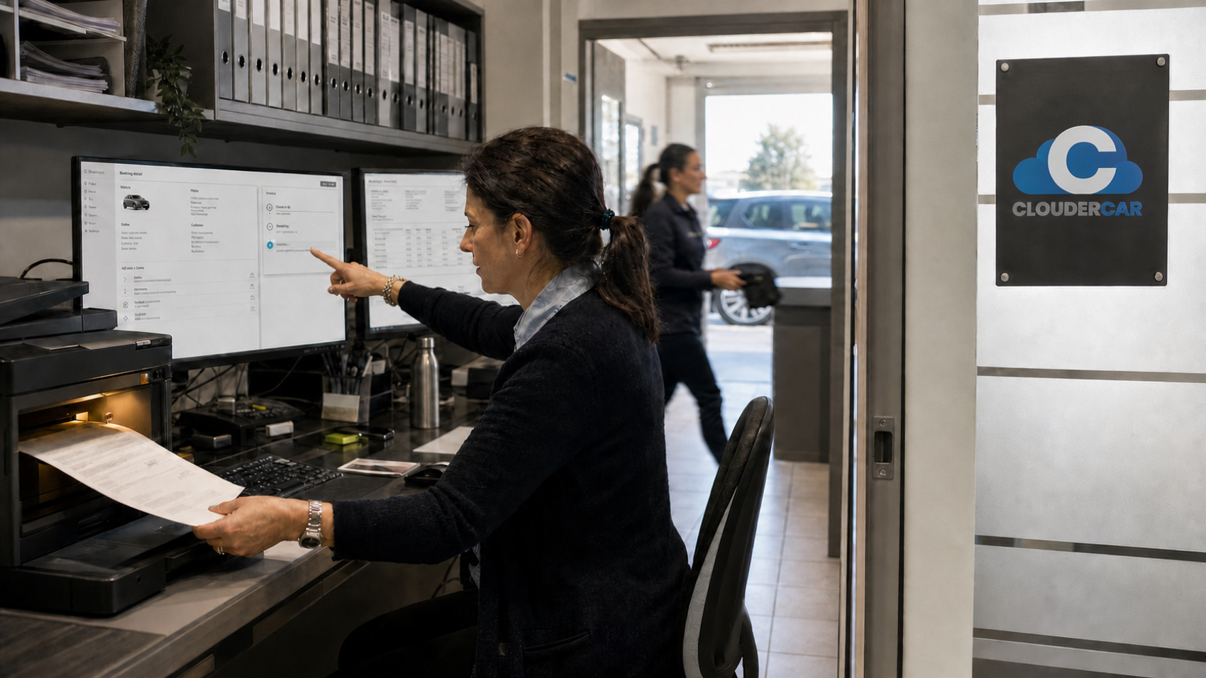 Operatrice di autonoleggio verifica una fattura elettronica collegata alla prenotazione prima dell’invio allo SDI