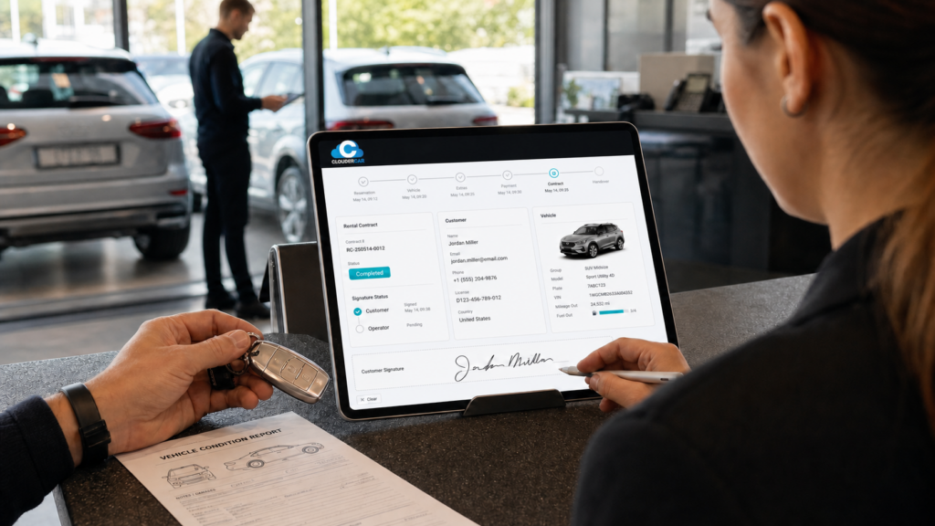 Operatore di autonoleggio che completa una firma digitale al banco