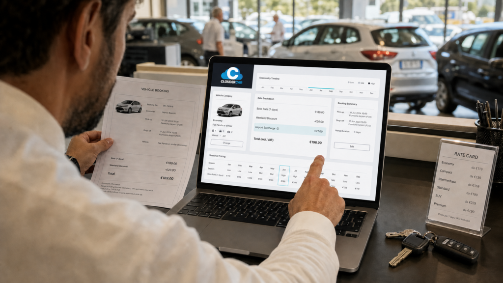 Responsabile di autonoleggio che verifica tariffa, sconto e maggiorazione di una prenotazione