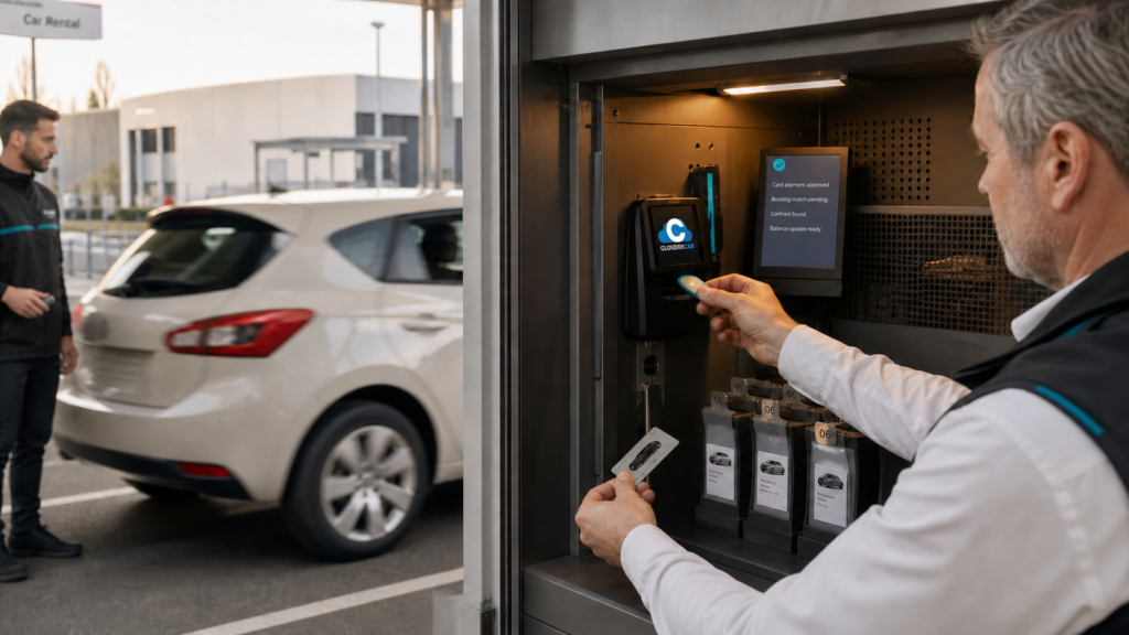 Responsabile di autonoleggio che riconcilia transazioni POS e pratiche di noleggio